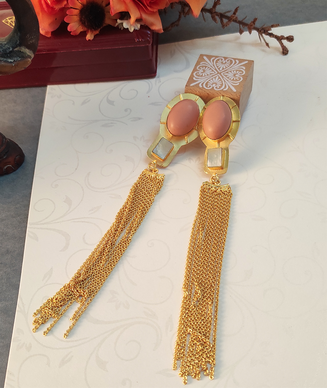 Gold Plated Tassel Earrings - Pink